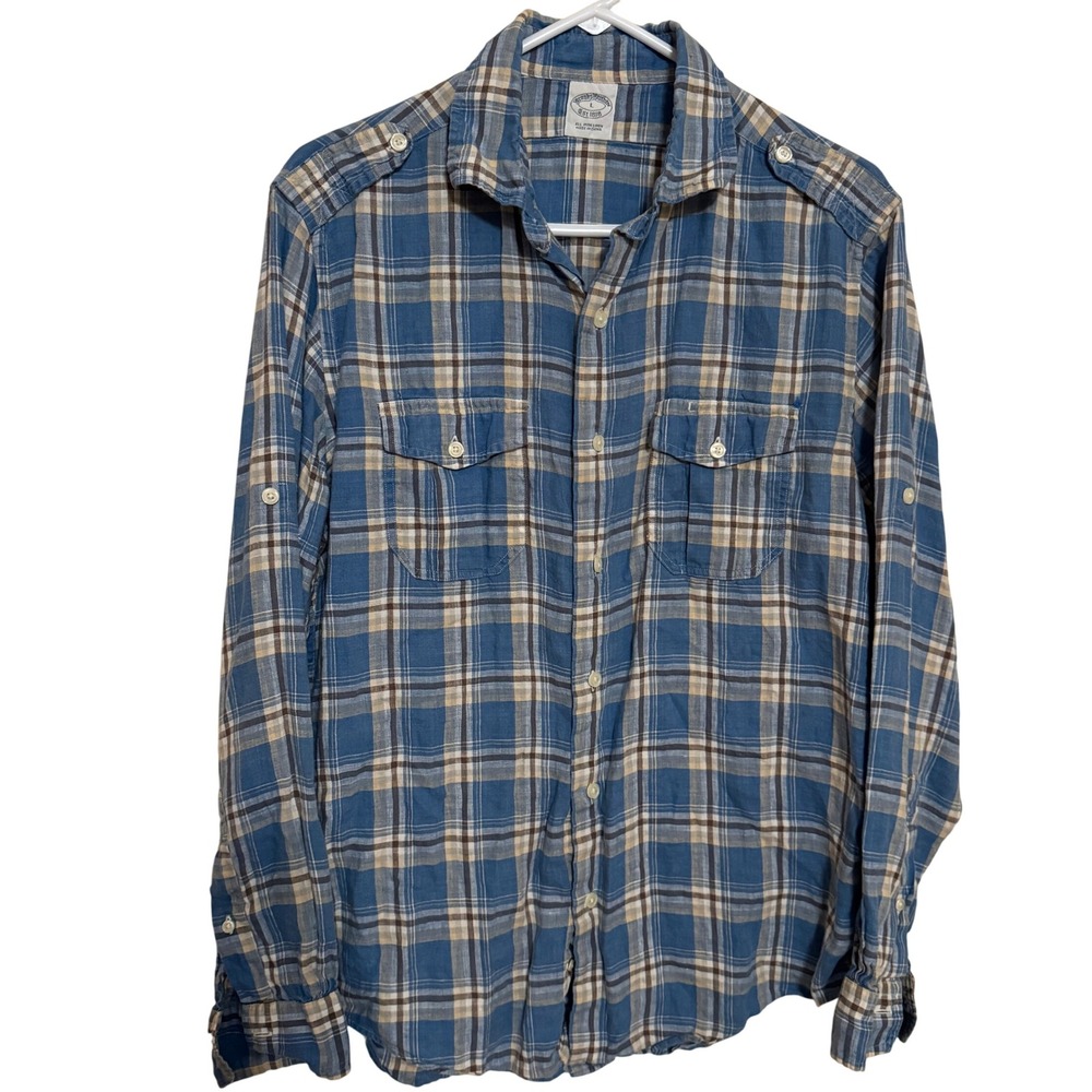Brooks Brothers button down shirt Mens Large All Irish Linen Plaid flannel blue‎